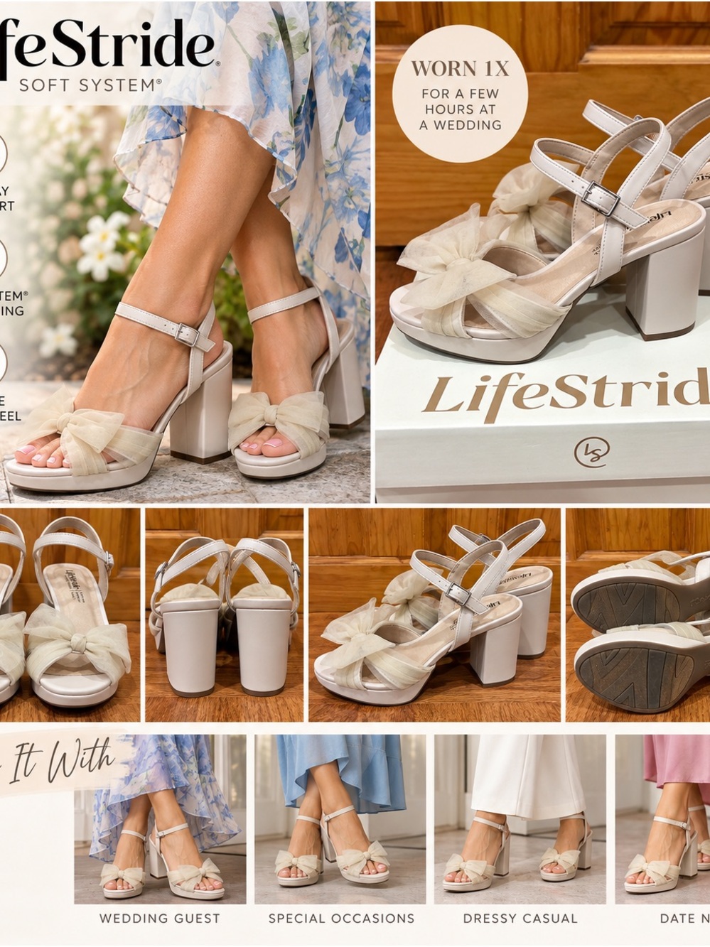 Life Stride Cream/Tan Bow Block Heel Sandals